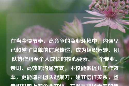 在当今快节奏、高竞争的商业环境中，沟通早已超越了简单的信息传递，成为组织运转、团队协作乃至个人成长的核心要素。一个专业、亲切、高效的沟通方式，不仅能够提升工作效率，更能增强团队凝聚力，建立信任关系，塑造积极向上的企业文化。它既是职场素养的体现，也是现代组织持续发展的关键驱动力。