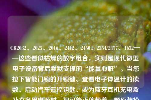 CR2032、2025、2016、2412、2450、2354/2477、1632——这些看似枯燥的数字组合，实则是现代微型电子设备背后默默支撑的“能量心脏”。当您按下智能门锁的开锁键、查看电子体温计的读数、启动汽车遥控钥匙、或为蓝牙耳机充电盒补充备用电源时，很可能正依赖着一颗原装松下（Panasonic）3V纽扣电池在悄然工作。本文将系统梳理上述主流锂锰纽扣电池型号的技术特征、应用场景、性能差异，并重点解析为何选择“原装松下”不仅是品质之选，更是安全、可靠与长期价值的综合体现。